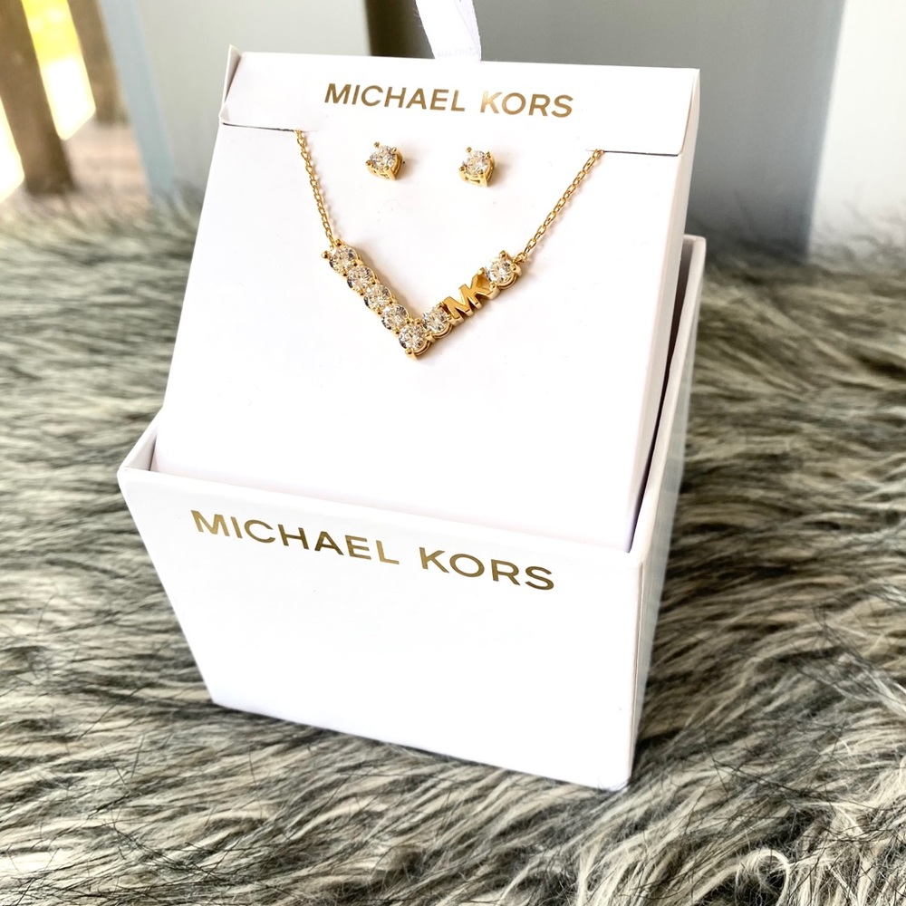 NWT authentic MK gold tone CZ necklace & earrings